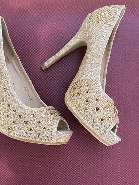Mango Gold Crystal & Stud Peep-Toe Stilettos
